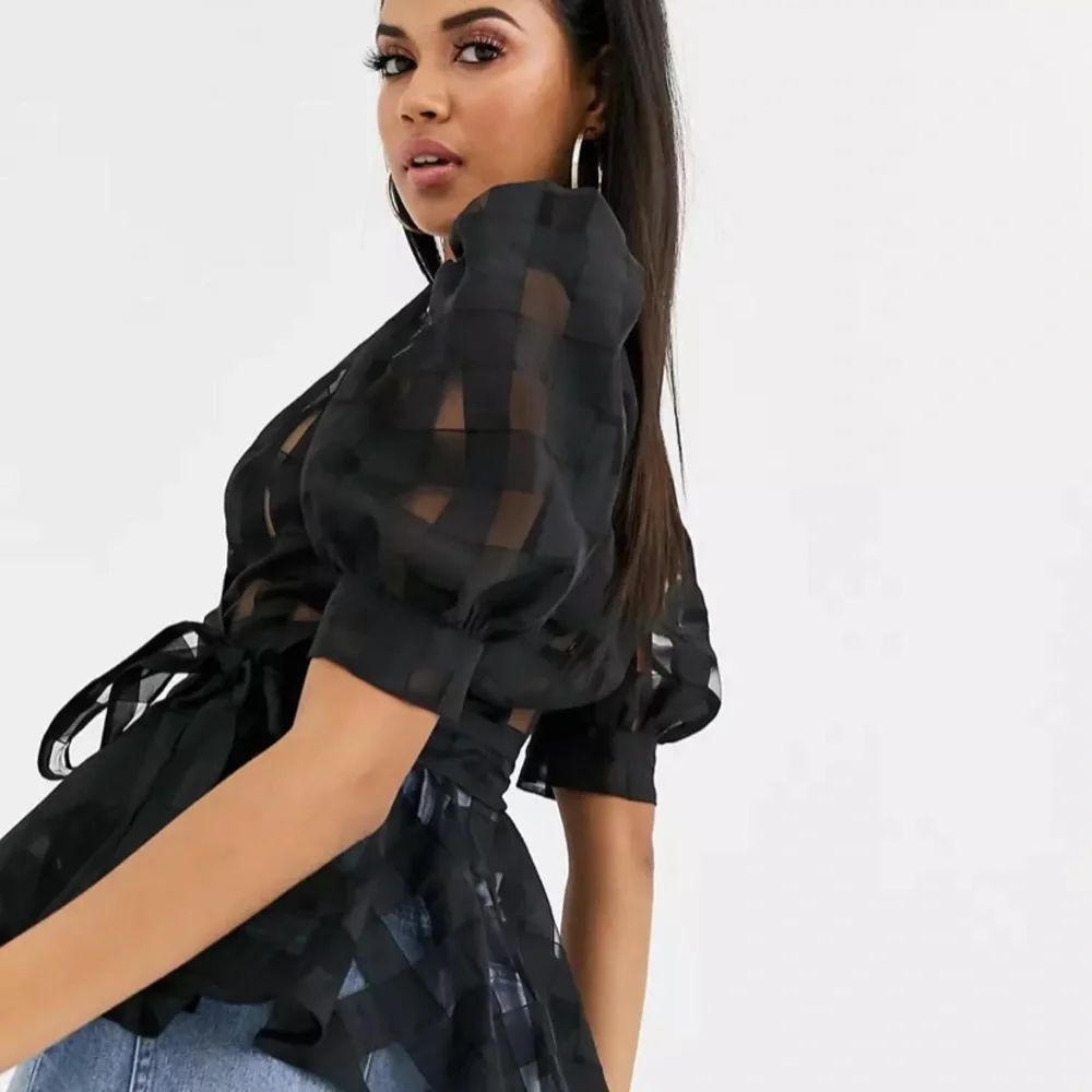 ASOS Black Sheer Puff Sleeve Blouse - Picture 2 of 7